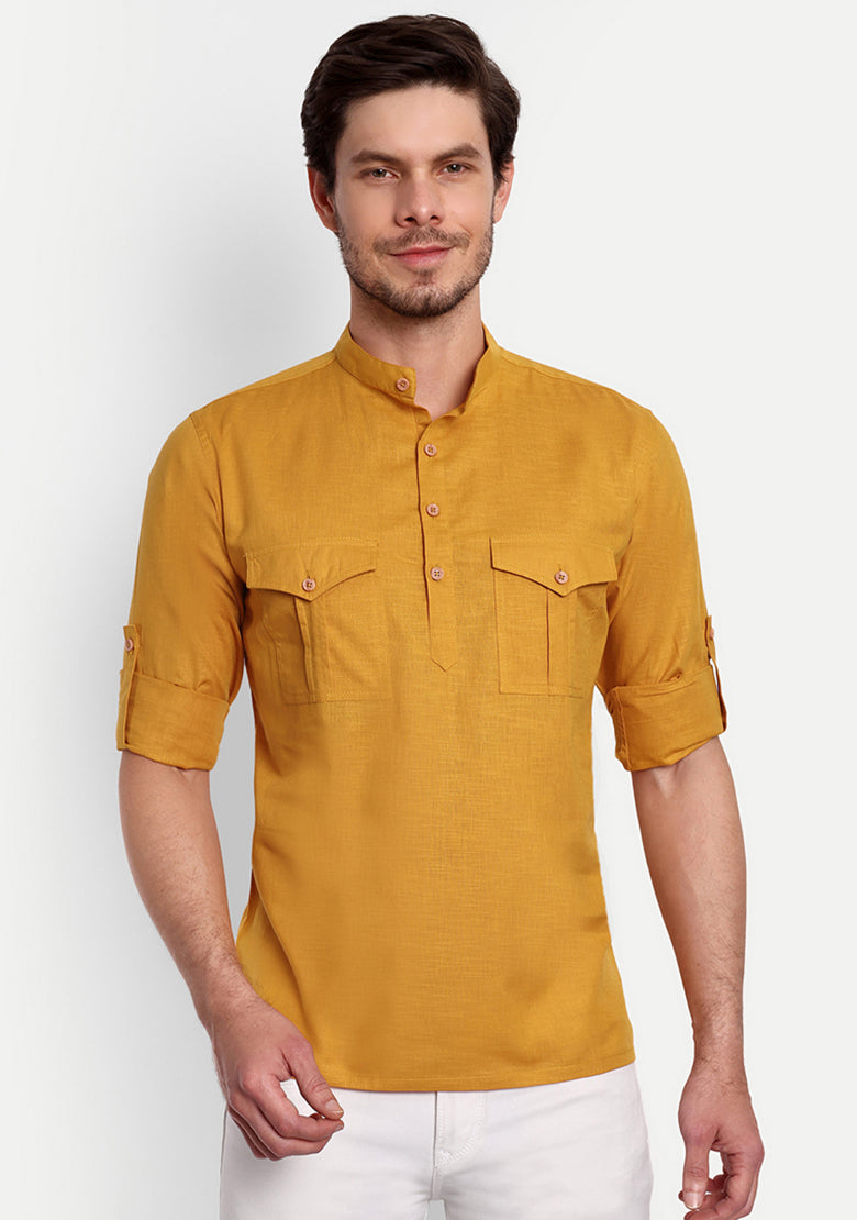 BLUE ROBED men's Casual Slim Fit Full Sleeve Double Pocket Cotton Trendy Kurta in Yellow view 99