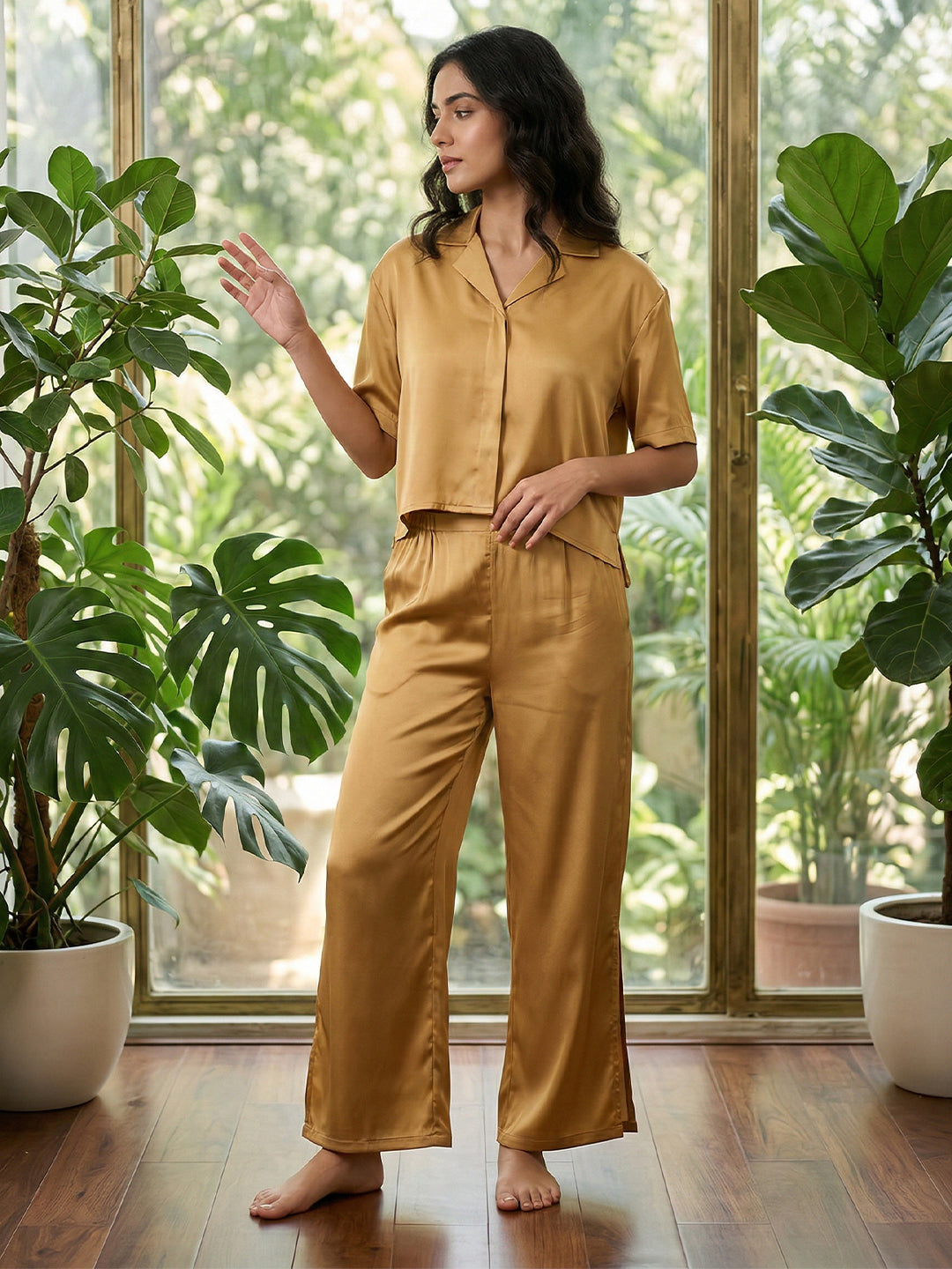 Women’s Mustard Gold Linen Lounge Co-ord Set | Relaxed Fit Nightwear & Casual Wear Secondary image