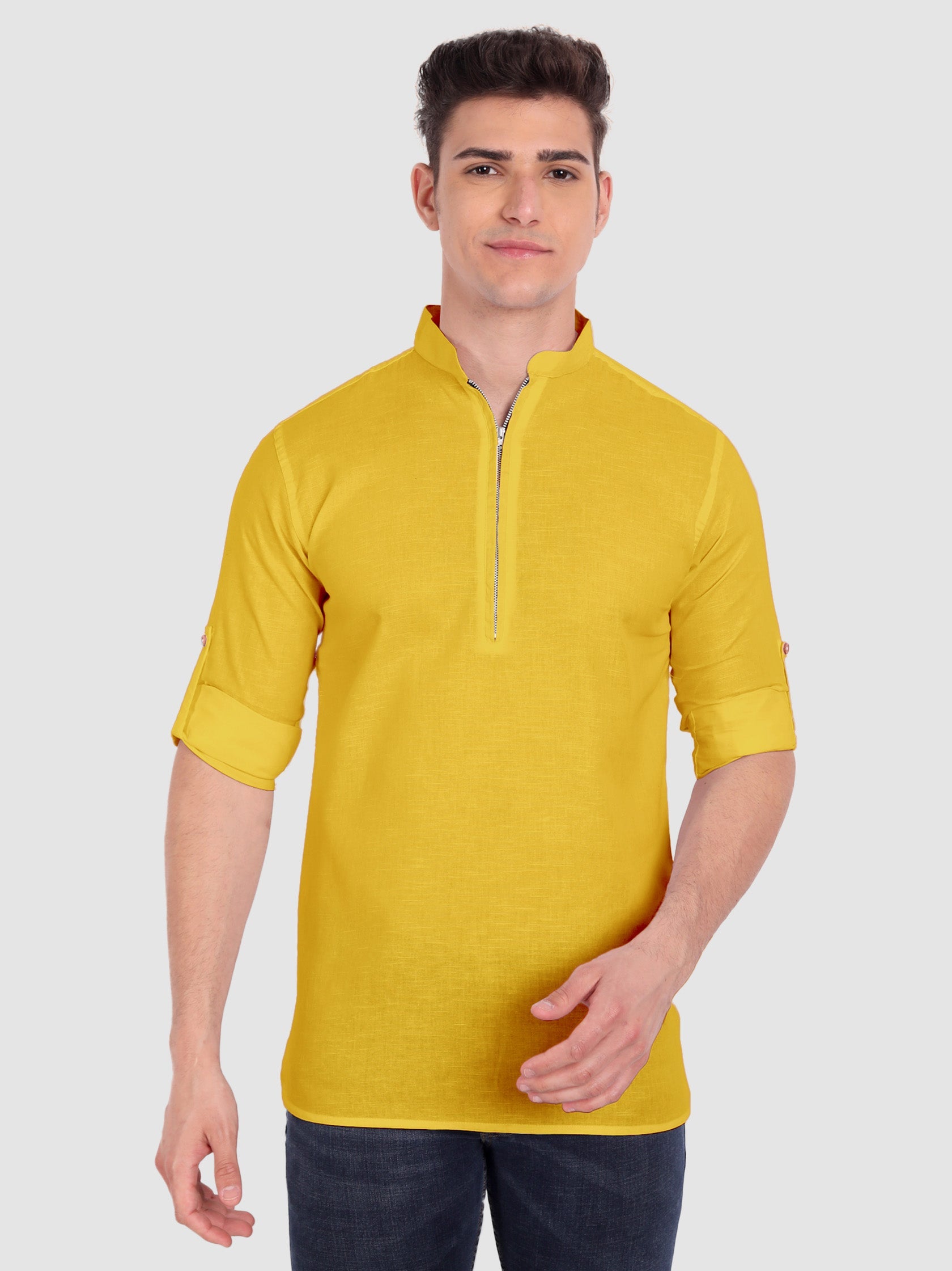 BLUE ROBED men's Casual ZIP Style Full Sleeve Cotton Kurta in Yellow view 71