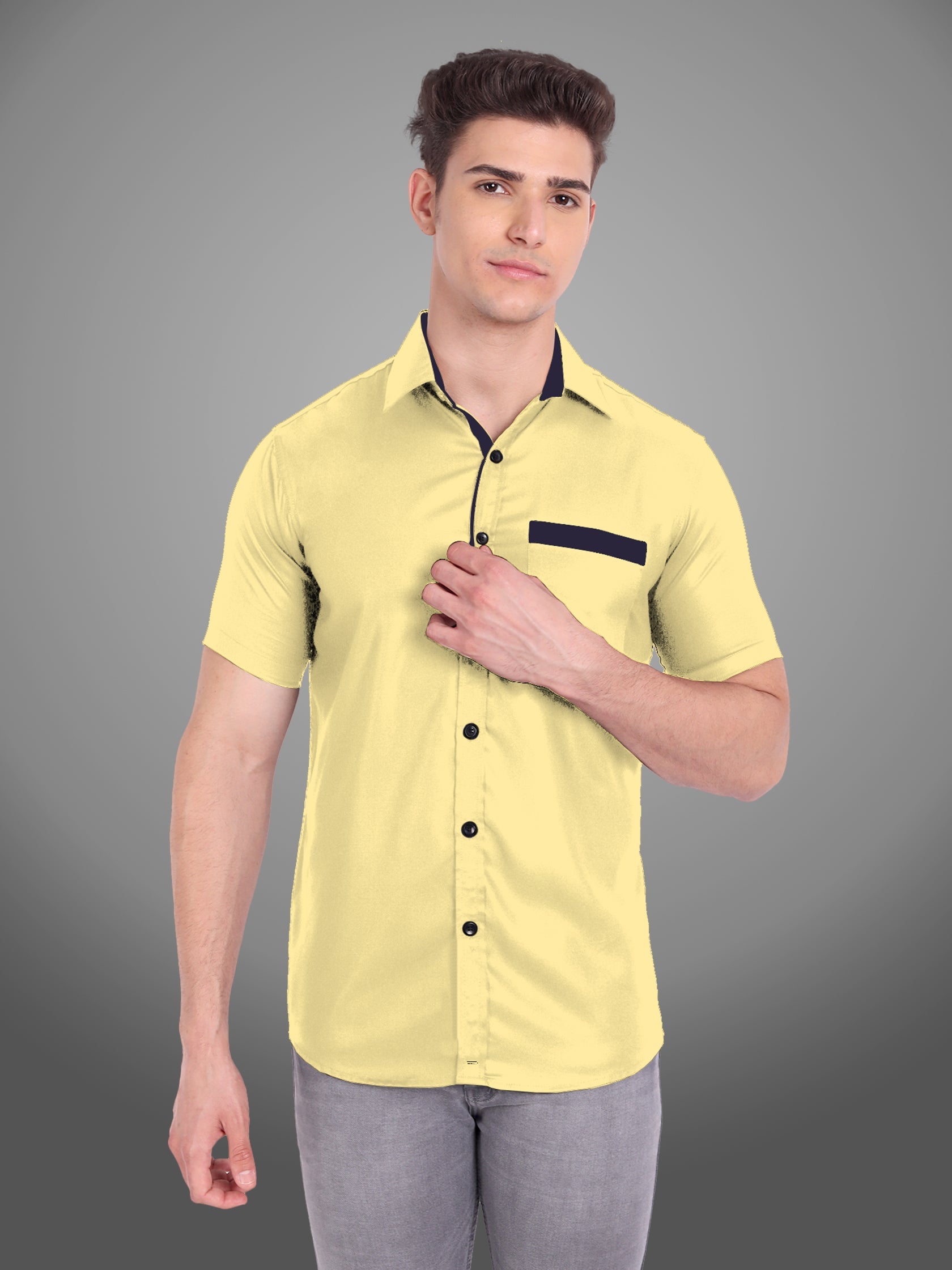 Men's Casual Half Sleeve Silver Button Shirt in Black by BLUE ROBED, back view