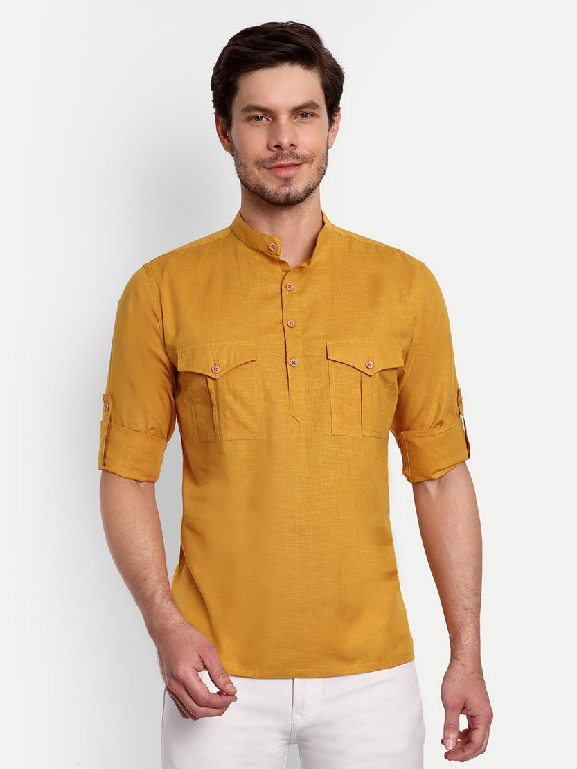 BLUE ROBED men's Casual Slim Fit Full Sleeve Double Pocket Cotton Trendy Kurta in Yellow