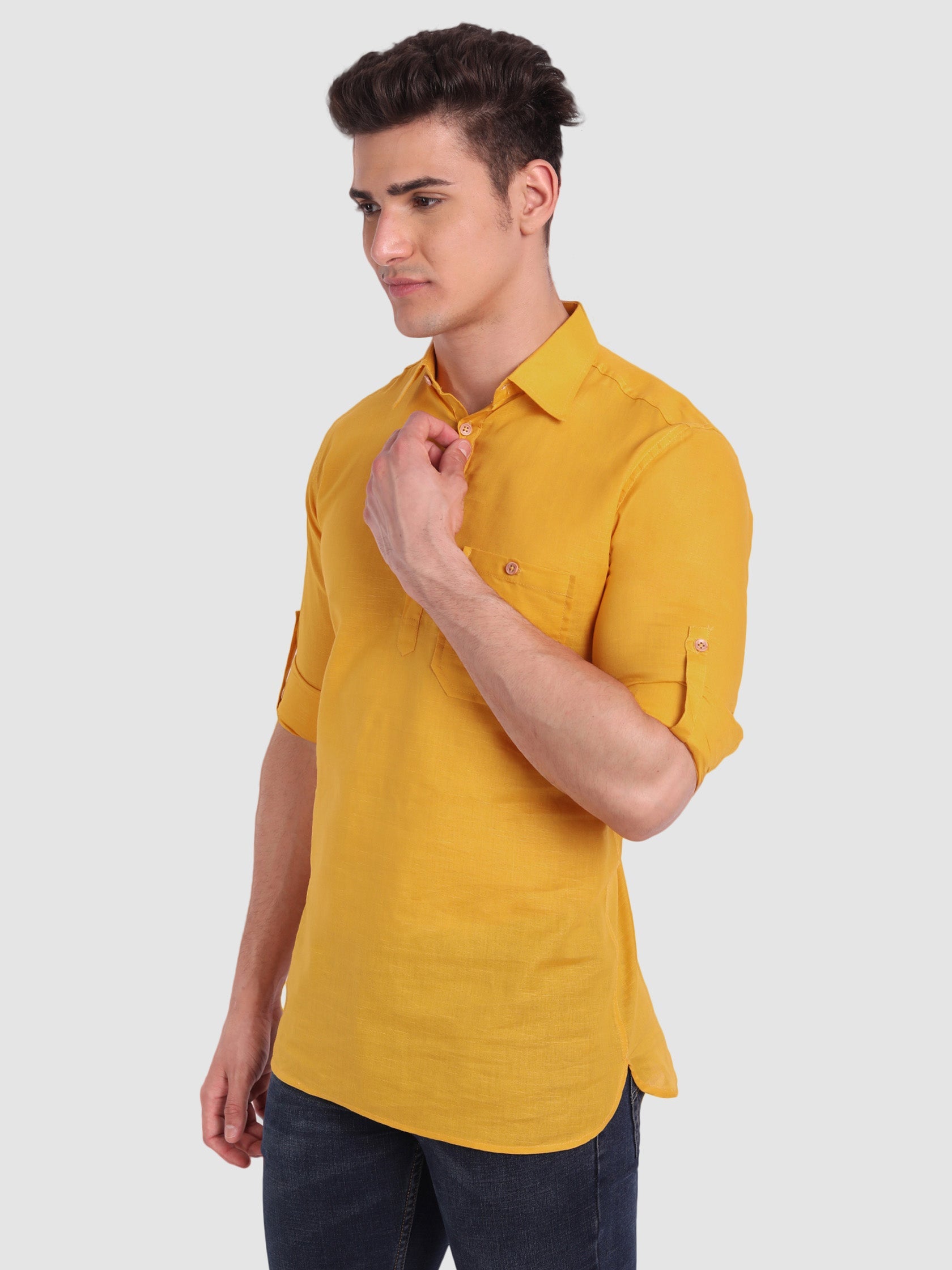 BLUE ROBED men's Full Sleeve Casual Cotton Kurta in Yellow style A view 7