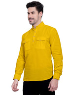BLUE ROBED men's Casual Slim Fit Full Sleeve Double Pocket Cotton Kurta in Yellow view 52