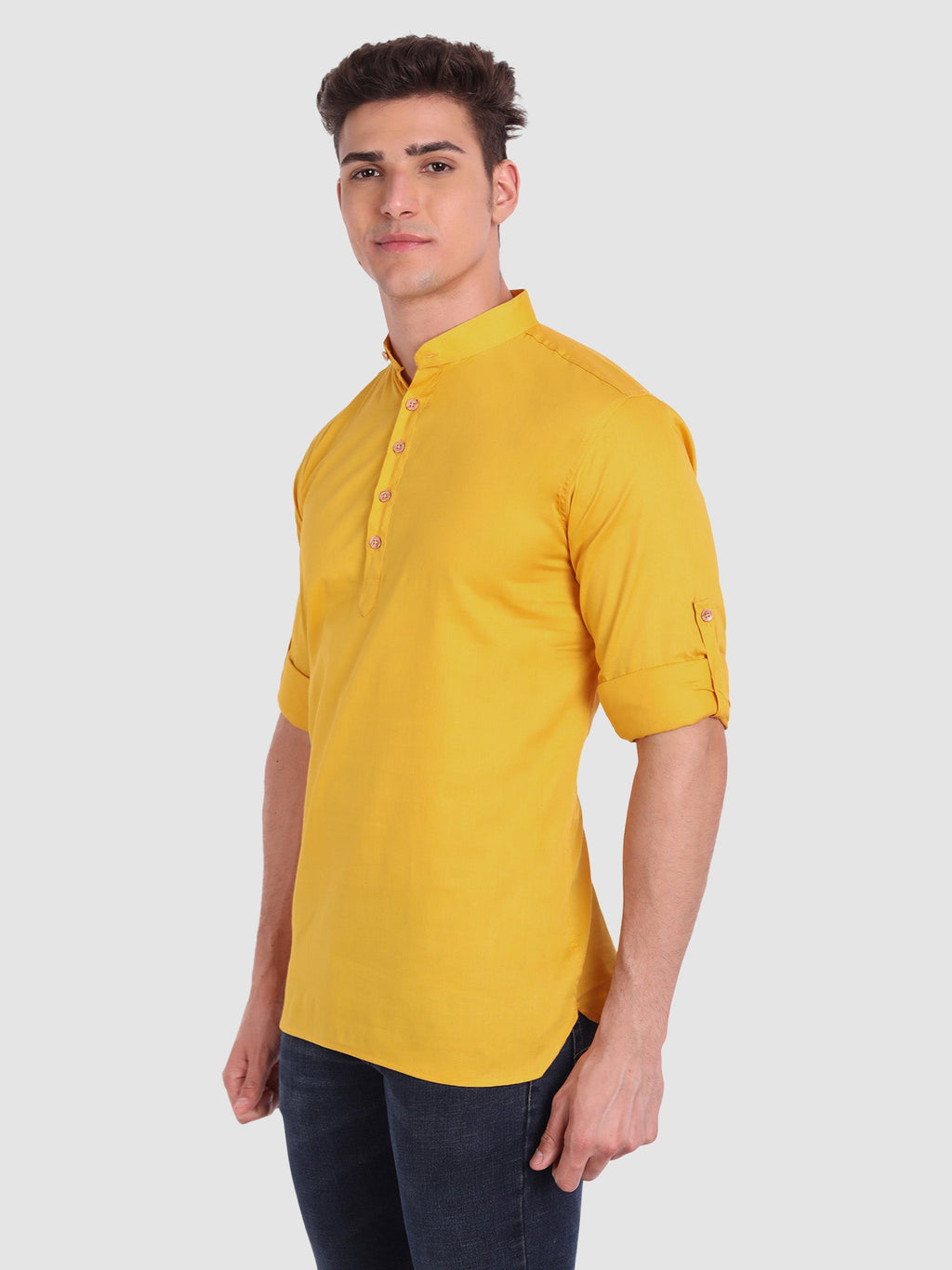 BLUE ROBED men's Casual Slim Fit Full Sleeve Cotton Kurta in Yellow view 34