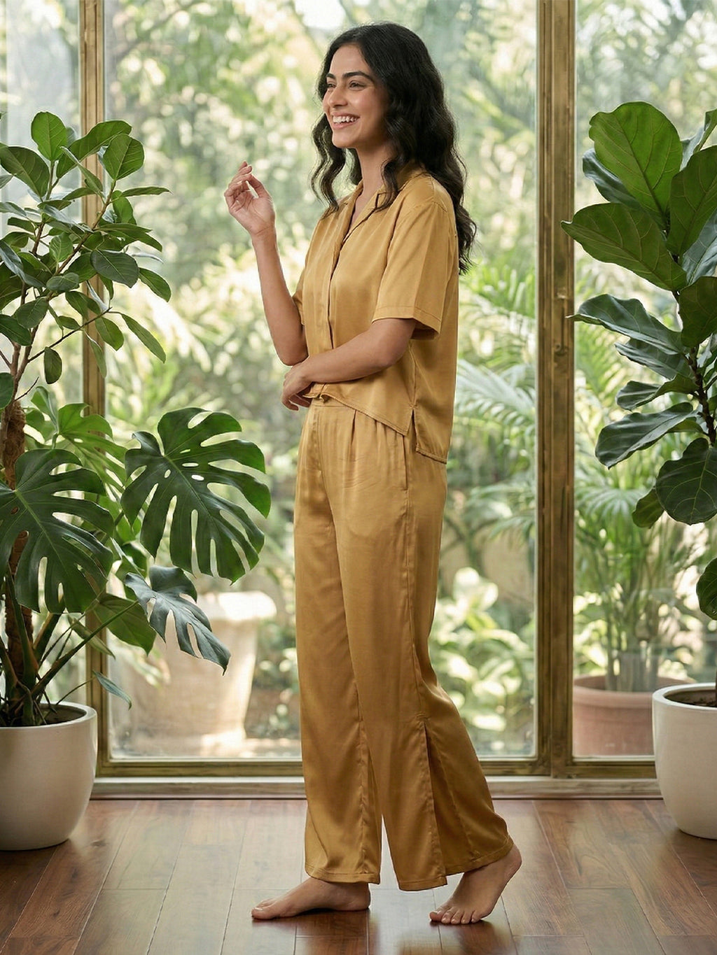 Women’s Mustard Gold Linen Lounge Co-ord Set | Relaxed Fit Nightwear & Casual Wear