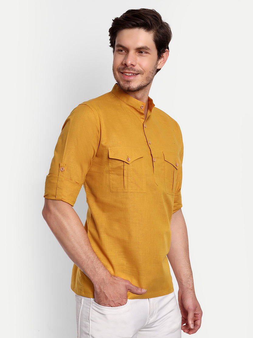 BLUE ROBED men's Casual Slim Fit Full Sleeve Double Pocket Cotton Trendy Kurta in Yellow view 2