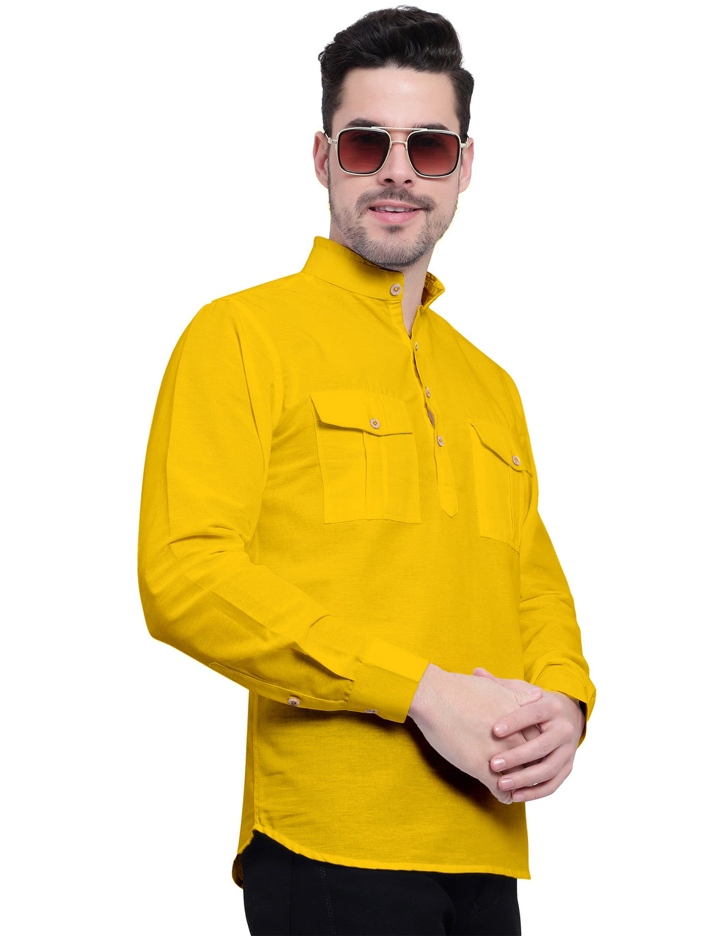 BLUE ROBED men's Casual Slim Fit Full Sleeve Double Pocket Cotton Kurta in Yellow view 53