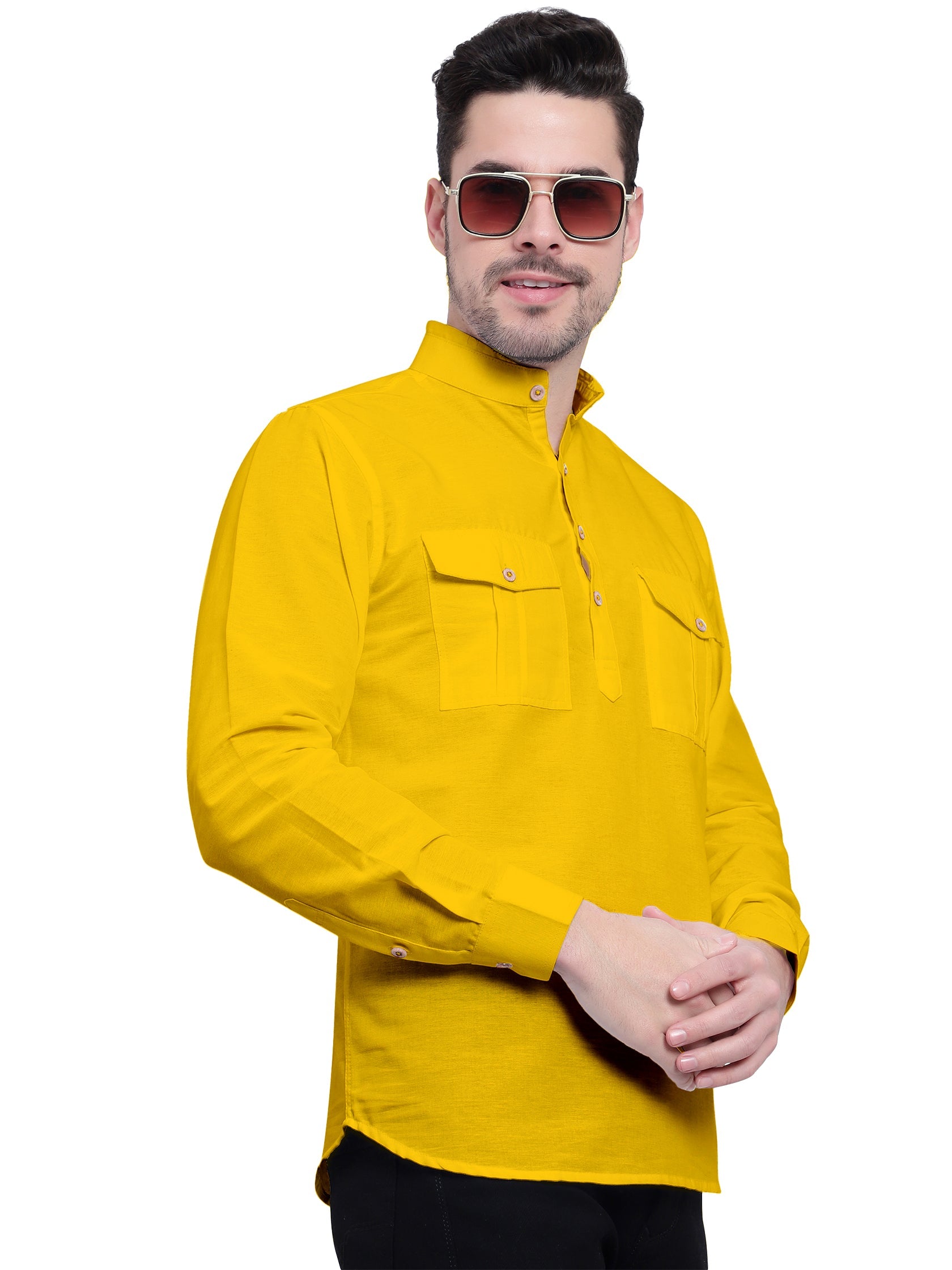 BLUE ROBED men's Casual Slim Fit Full Sleeve Double Pocket Cotton Kurta in Yellow view 53