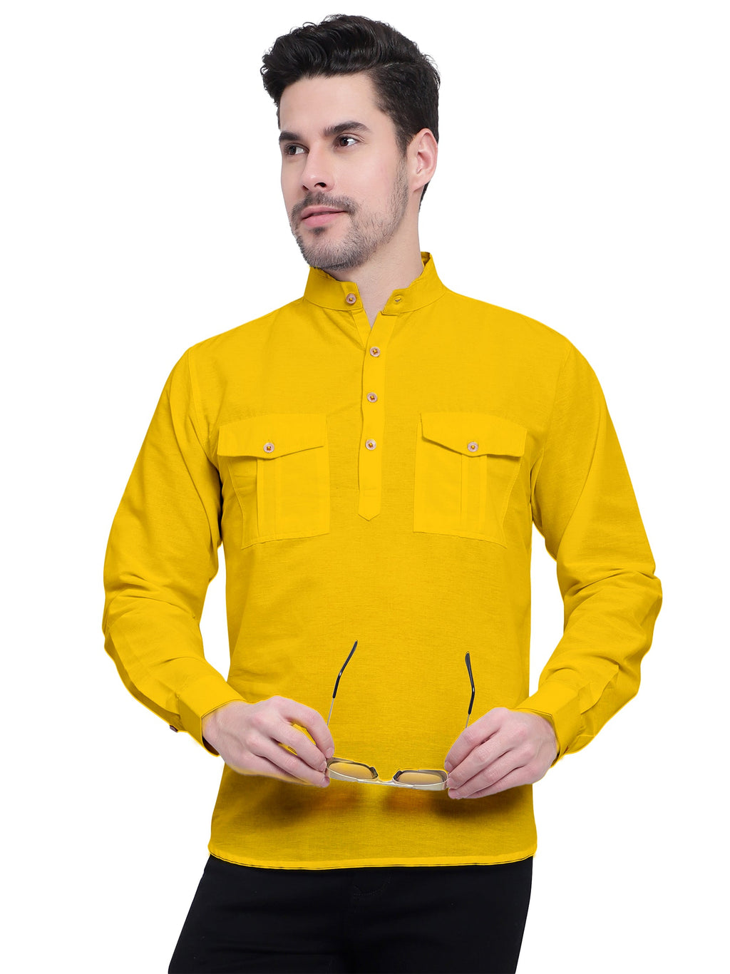 BLUE ROBED men's Casual Slim Fit Full Sleeve Double Pocket Cotton Kurta in Yellow view 54