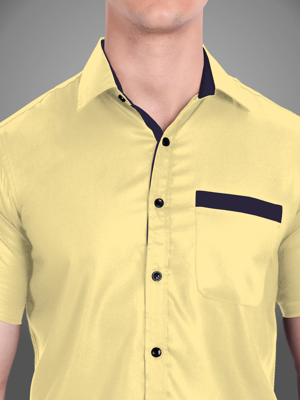 Men's Casual Half Sleeve Silver Button Shirt in Black by BLUE ROBED, fit view