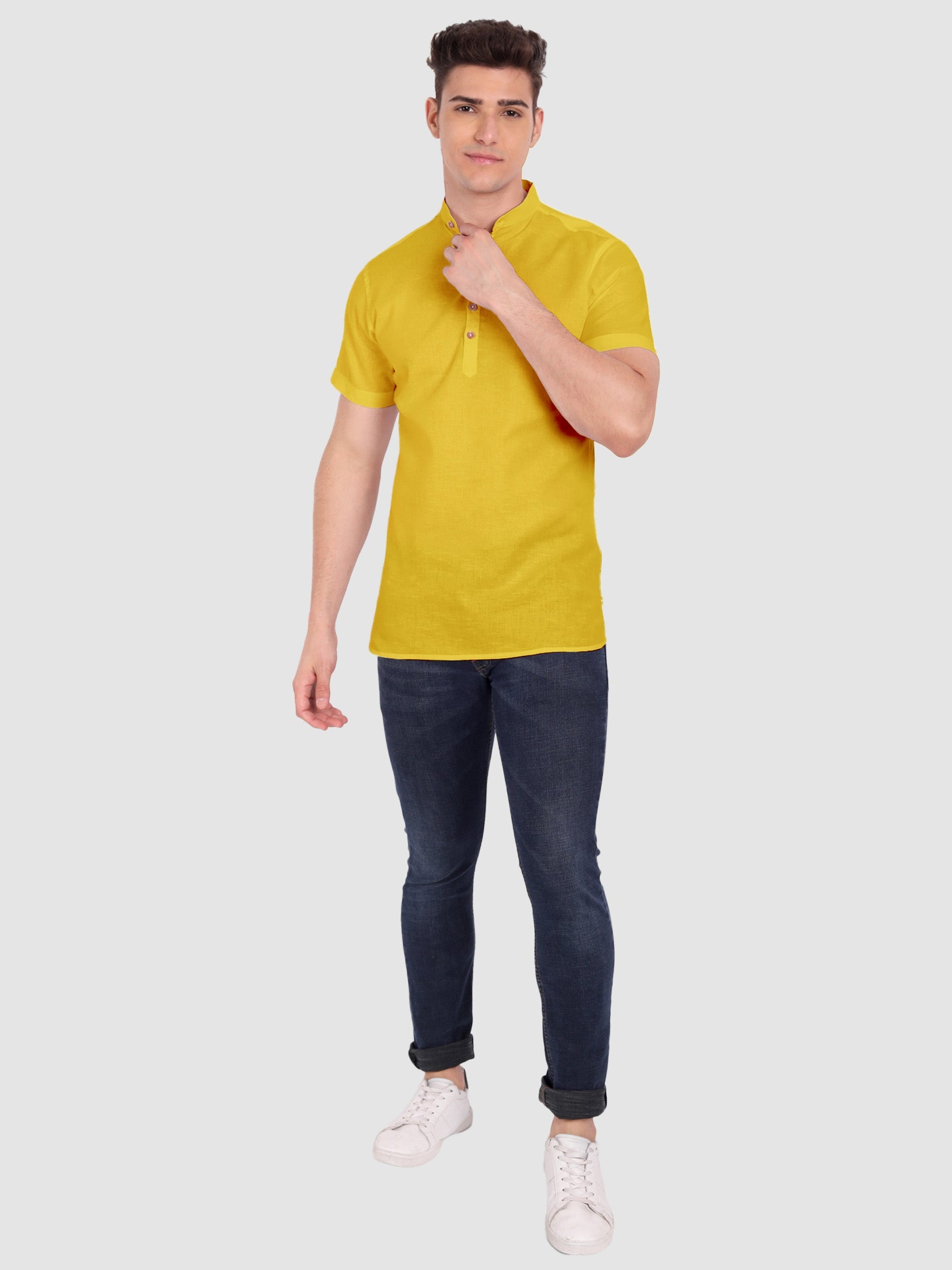 BLUE ROBED men's Half Sleeve Casual Cotton Kurta Daily Wear in Yellow view 61