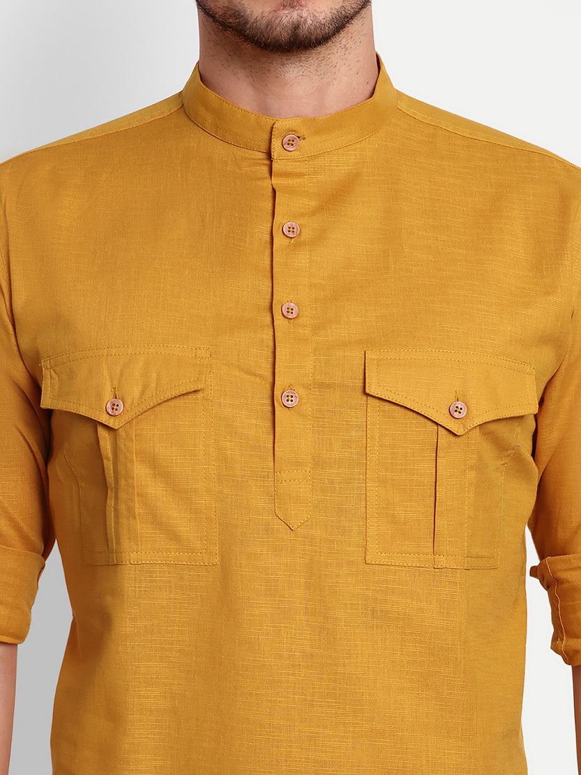 BLUE ROBED men's Casual Slim Fit Full Sleeve Double Pocket Cotton Trendy Kurta in Yellow view 4