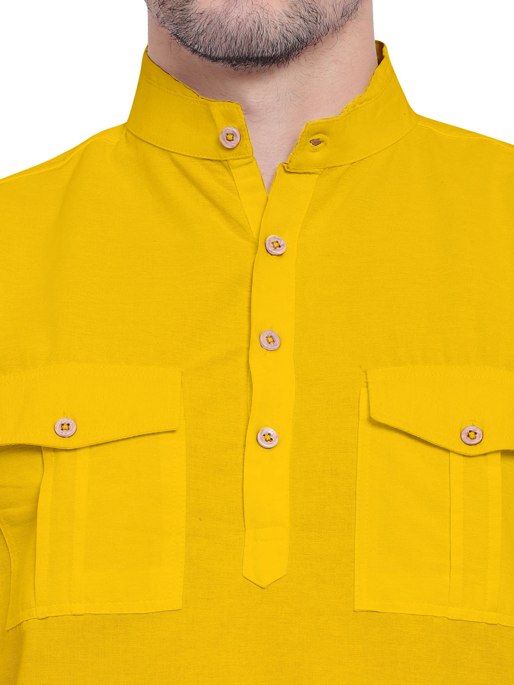BLUE ROBED men's Casual Slim Fit Full Sleeve Double Pocket Cotton Kurta in Yellow view 55