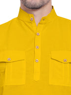 BLUE ROBED men's Casual Slim Fit Full Sleeve Double Pocket Cotton Kurta in Yellow view 55