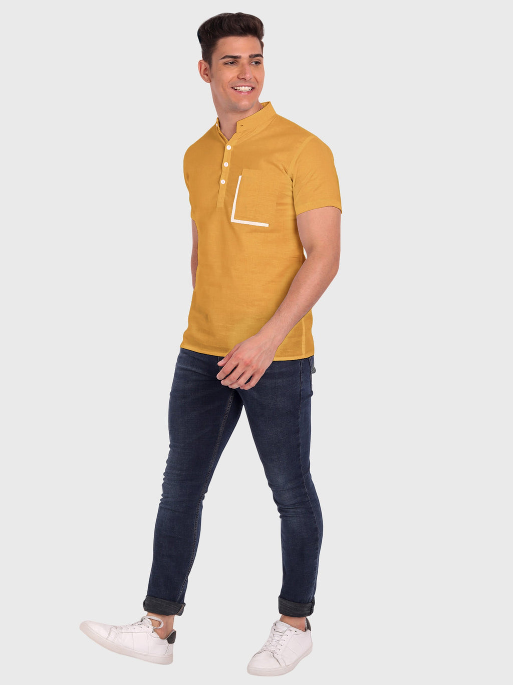 BLUE ROBED men's Casual Half Sleeve Slim Fit Kurta in Yellow view 15