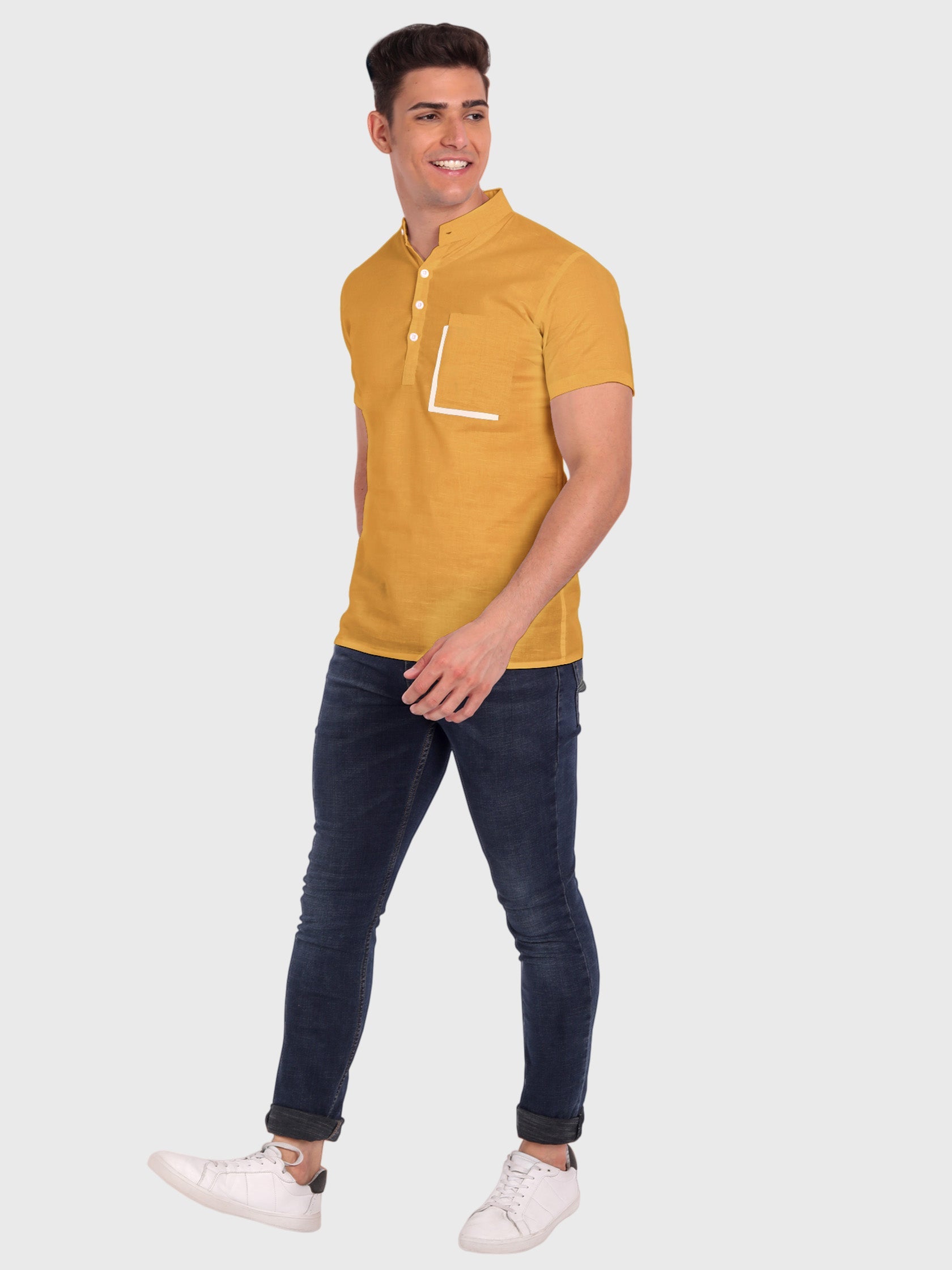 BLUE ROBED men's Casual Half Sleeve Slim Fit Kurta in Yellow view 15