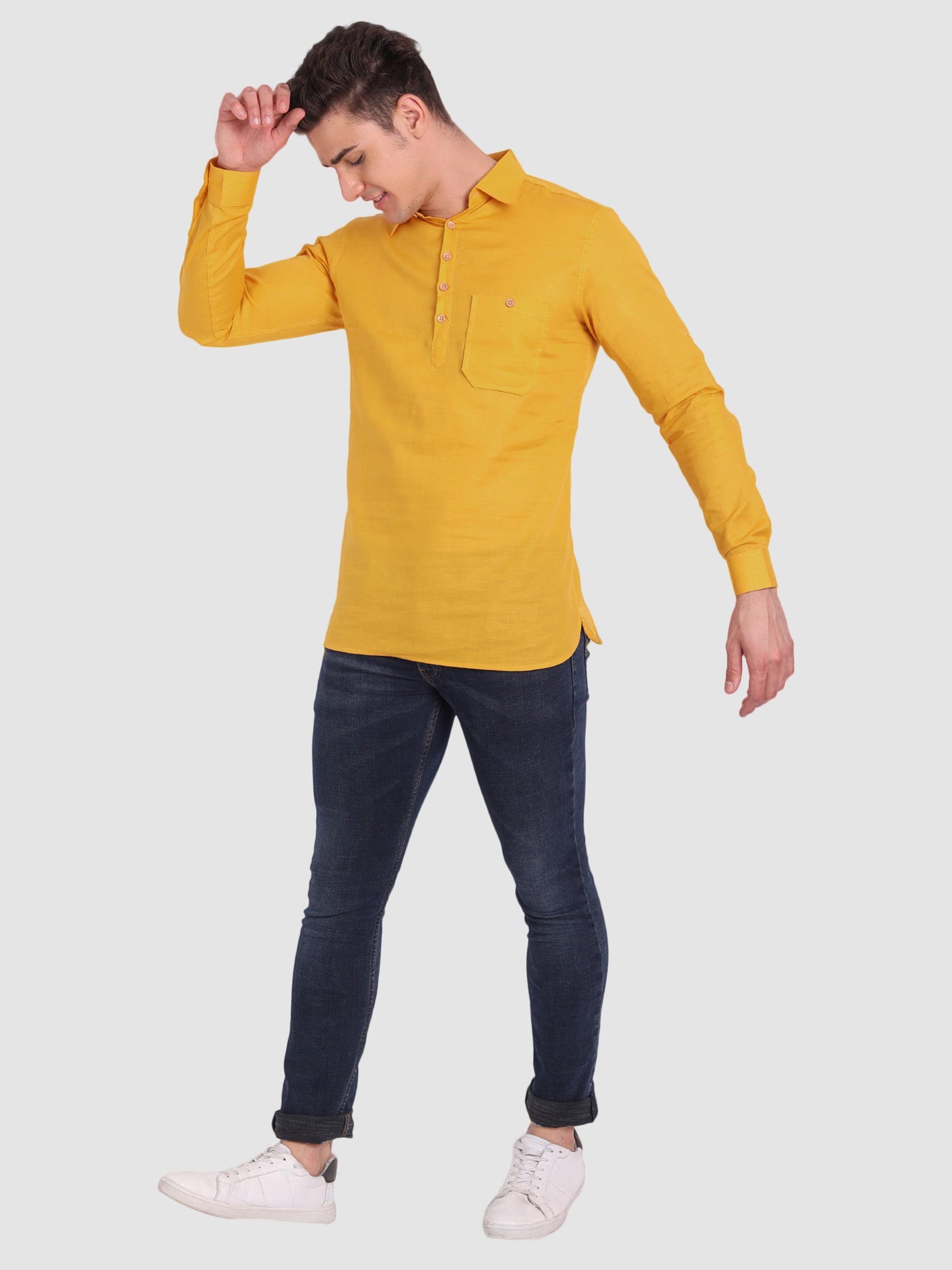BLUE ROBED men's Full Sleeve Casual Cotton Kurta in Yellow view 10