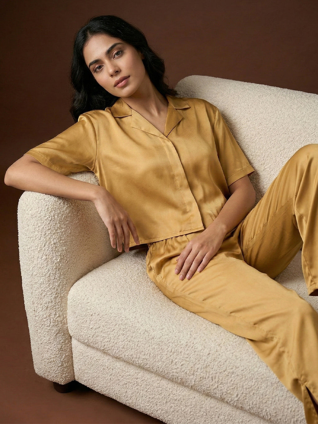 Women’s Mustard Gold Linen Lounge Co-ord Set | Relaxed Fit Nightwear & Casual Wear