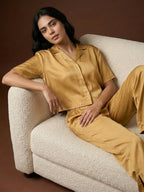 Women’s Mustard Gold Linen Lounge Co-ord Set | Relaxed Fit Nightwear & Casual Wear