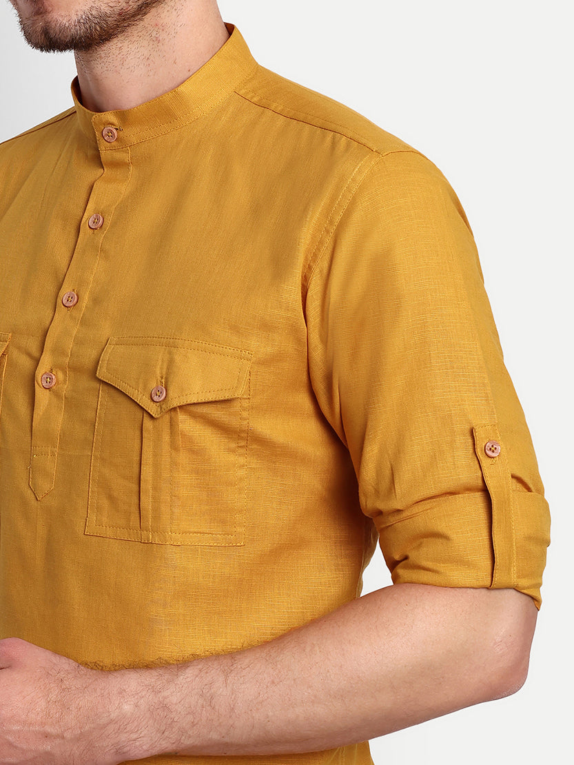 BLUE ROBED men's Casual Slim Fit Full Sleeve Double Pocket Cotton Trendy Kurta in Yellow view 5