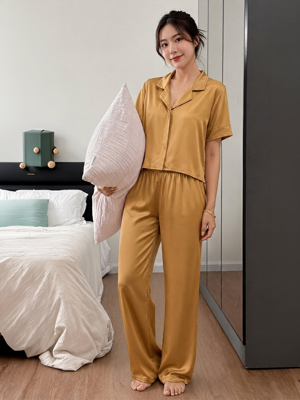 Women’s Mustard Gold Linen Lounge Co-ord Set | Relaxed Fit Nightwear & Casual Wear