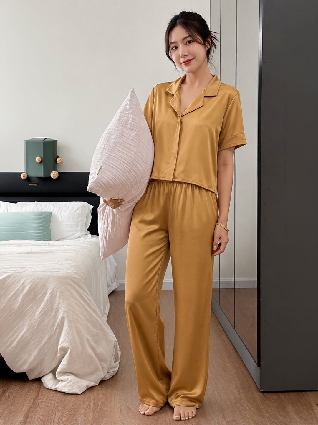 Women’s Mustard Gold Linen Lounge Co-ord Set | Relaxed Fit Nightwear & Casual Wear