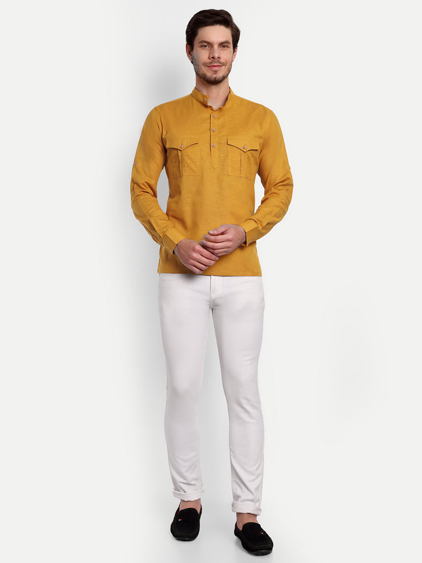 BLUE ROBED men's Casual Slim Fit Full Sleeve Double Pocket Cotton Trendy Kurta in Yellow view 7
