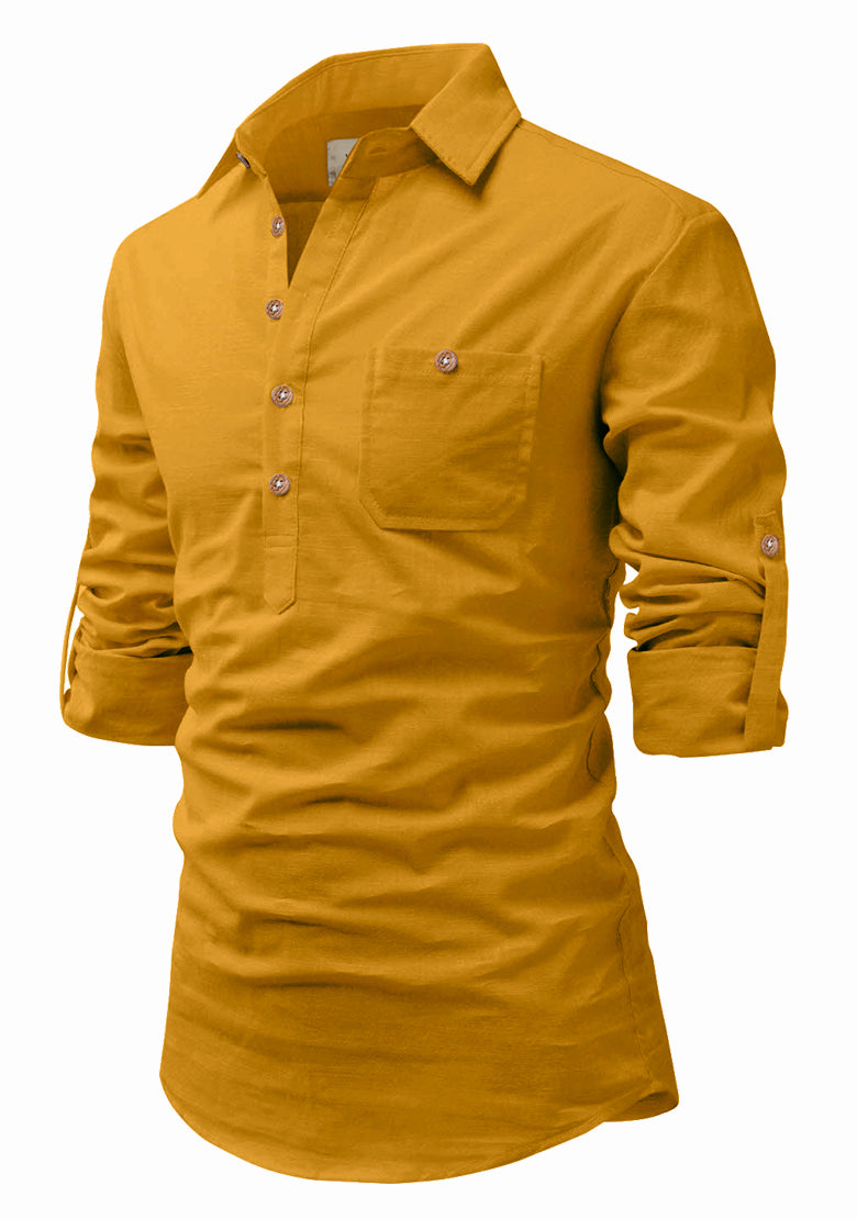 BLUE ROBED men's Full Sleeve Casual Cotton Kurta in Yellow Main image