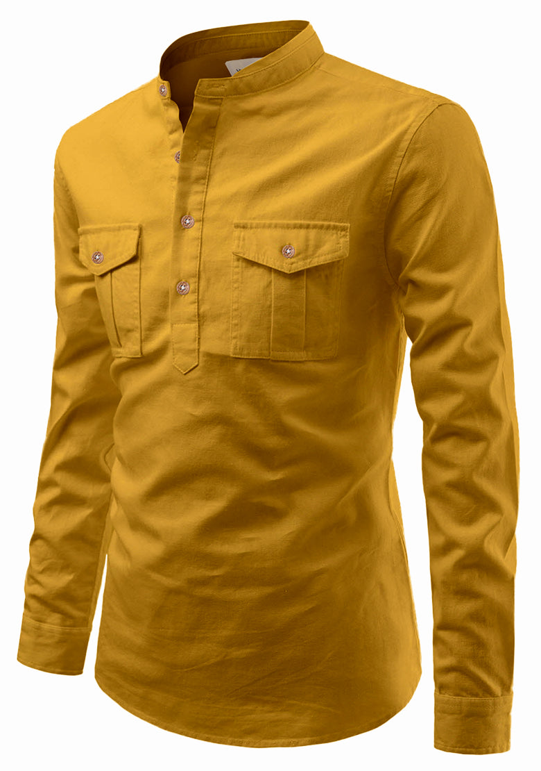 BLUE ROBED men's Casual Slim Fit Full Sleeve Double Pocket Cotton Kurta in Yellow view 64