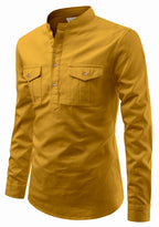 BLUE ROBED men's Casual Slim Fit Full Sleeve Double Pocket Cotton Kurta in Yellow view 64