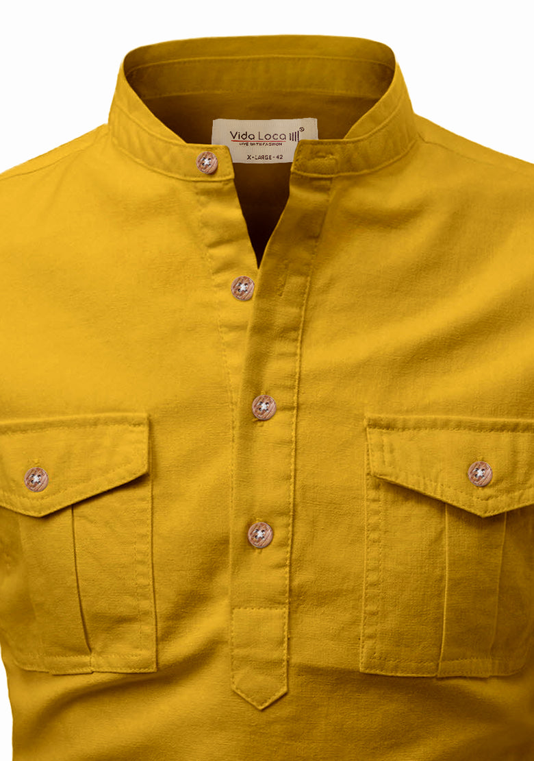 BLUE ROBED men's Casual Slim Fit Full Sleeve Double Pocket Cotton Kurta in Yellow view 66