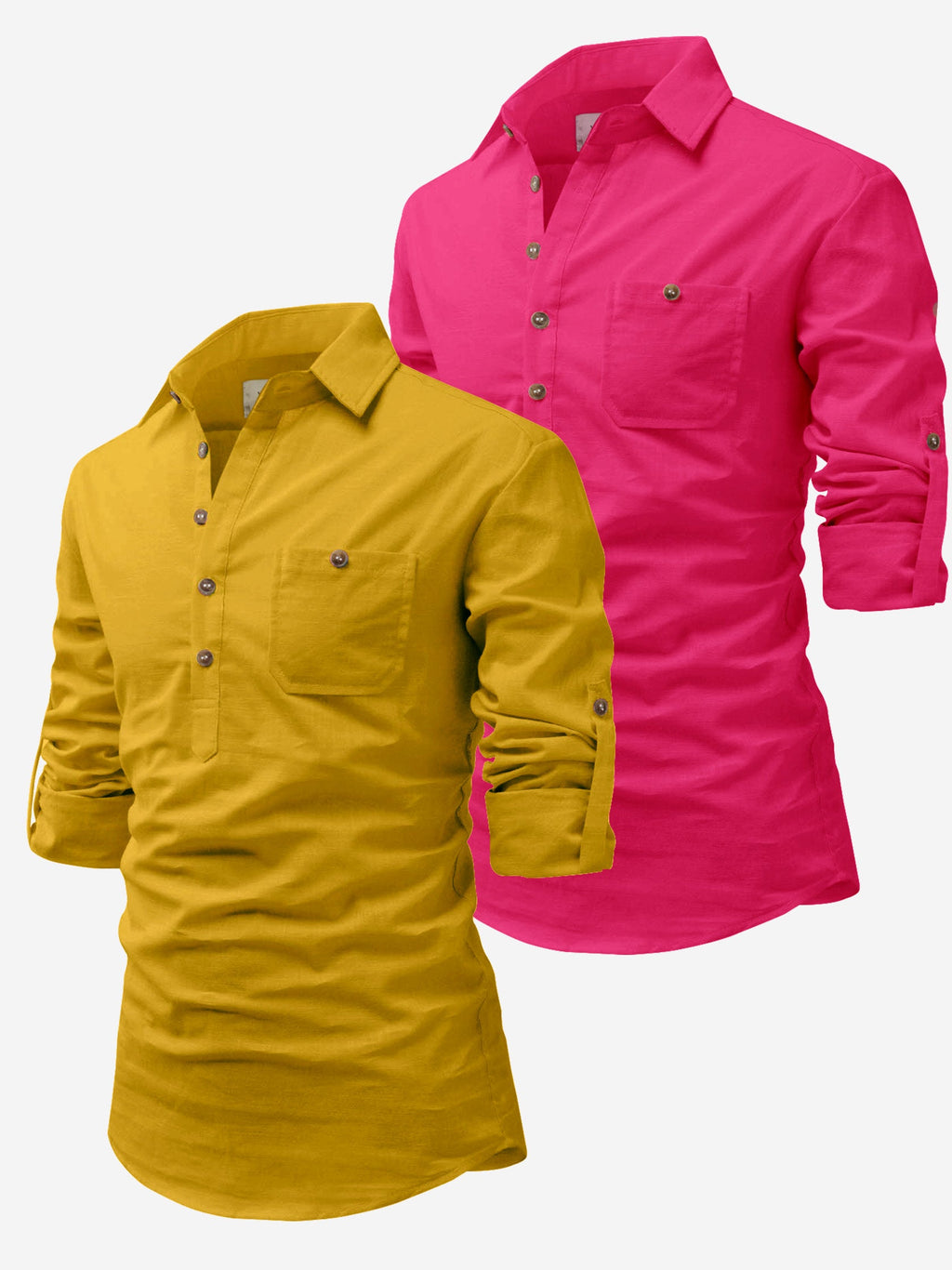 BLUE ROBED men's Casual Slim Fit Full Sleeve Cotton Kurta (Pack 2) in Yellow view 7