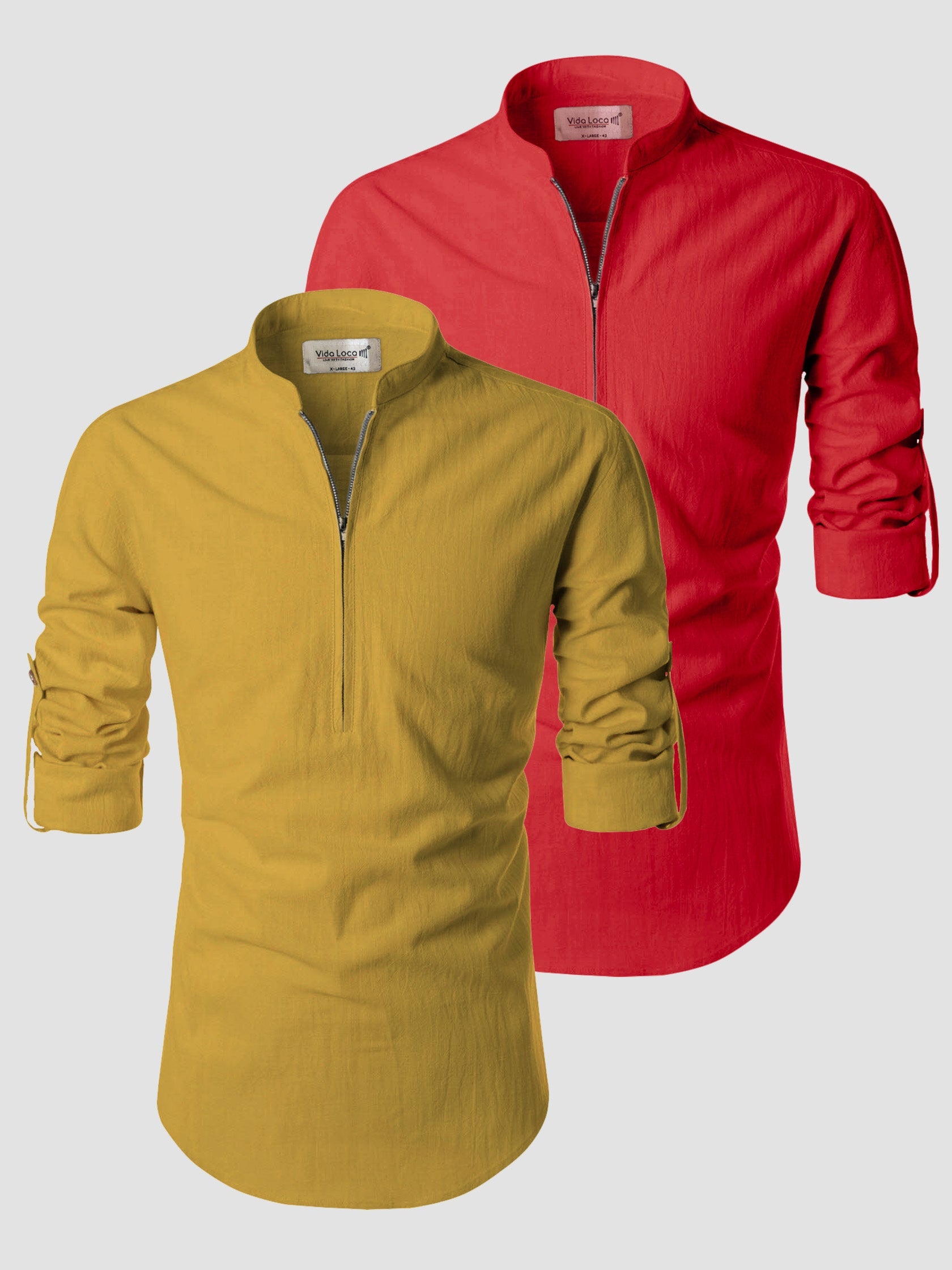 BLUE ROBED men's Casual ZIP Style Full Sleeve Cotton Kurta (Pack 2) in Yellow view 7