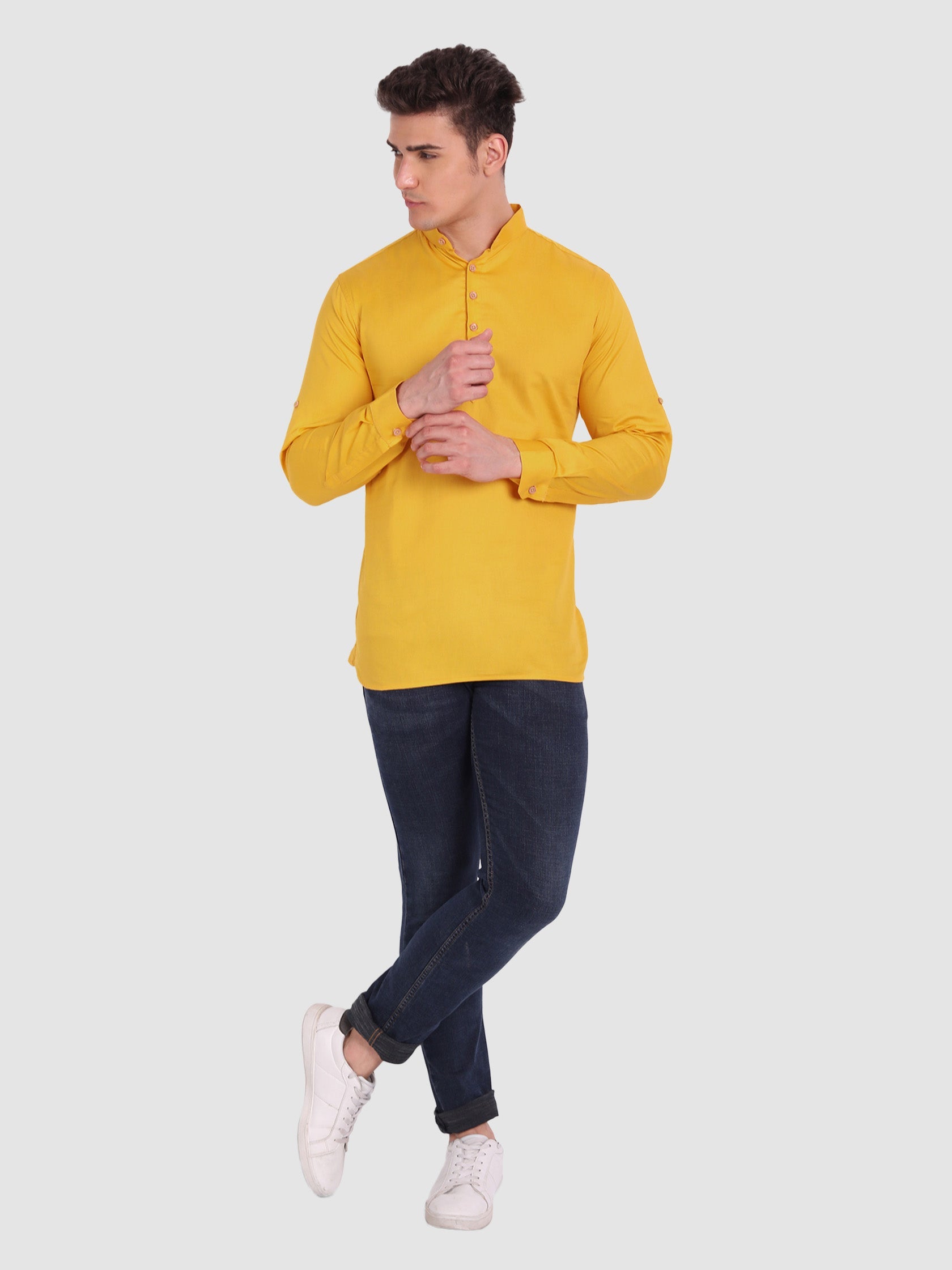 BLUE ROBED men's Casual Slim Fit Full Sleeve Cotton Kurta in Yellow view 32