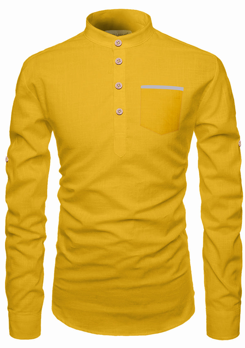 BLUE ROBED men's Casual Slim Fit Full Sleeve Pocket Contrast Kurta in Yellow Dark view 72