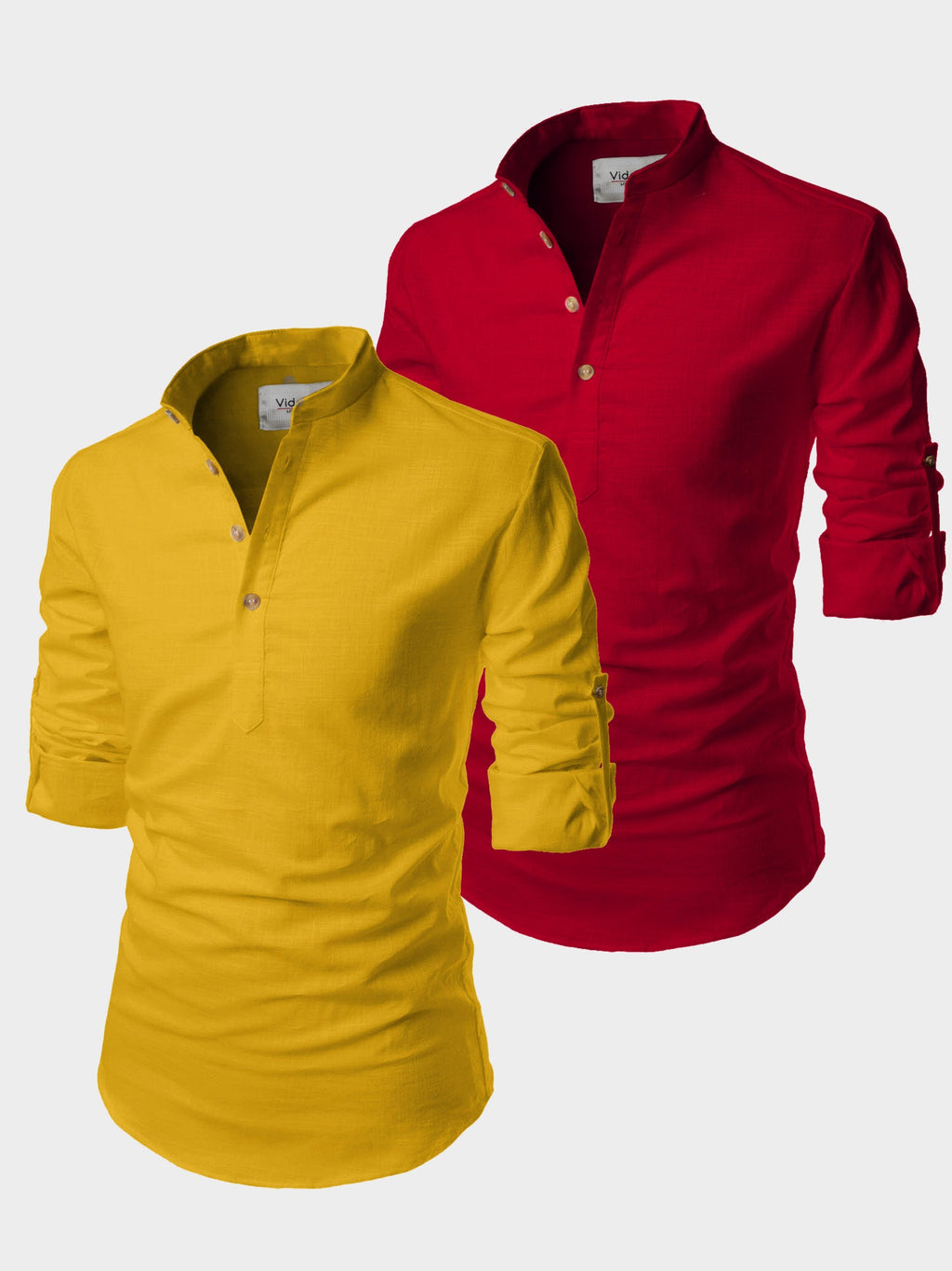 BLUE ROBED men's Casual Slim Fit Full Sleeve Cotton Kurta (Pack 2) in Yellow Dark view 8