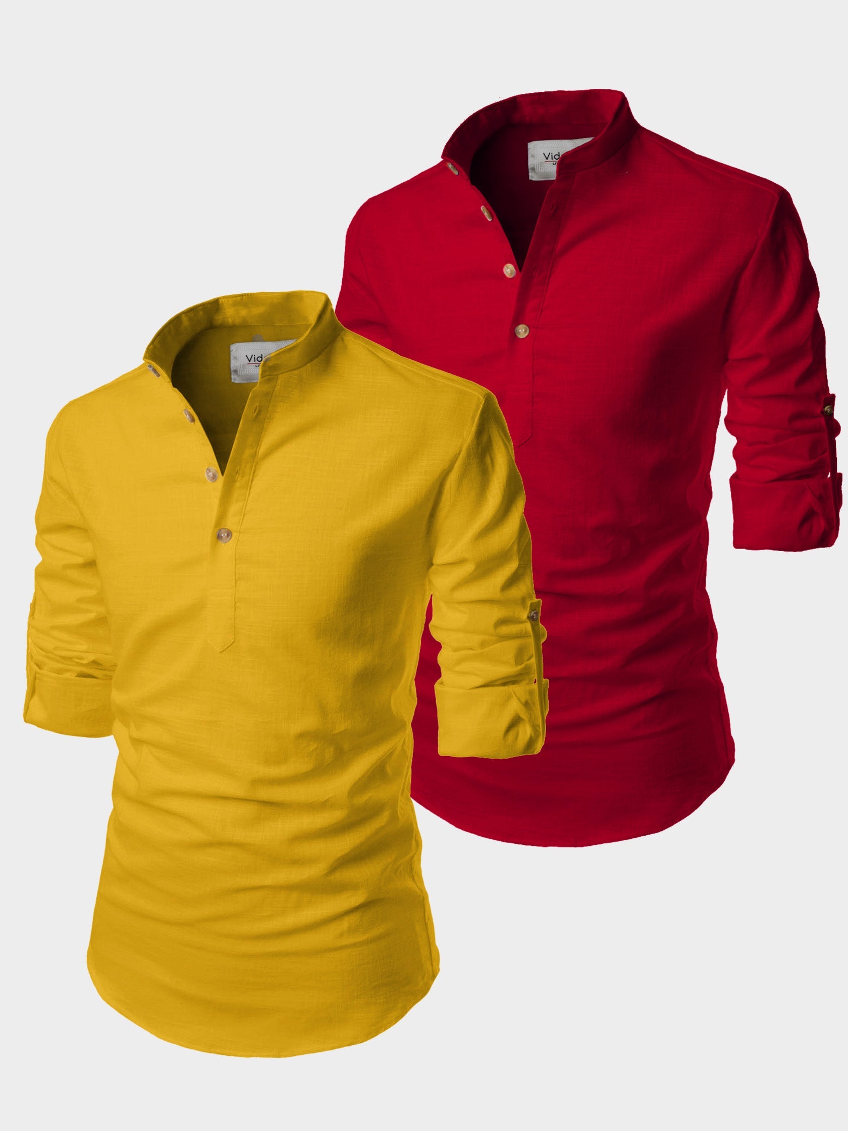 BLUE ROBED men's Casual Slim Fit Full Sleeve Cotton Kurta (Pack 2) in Yellow Dark view 8